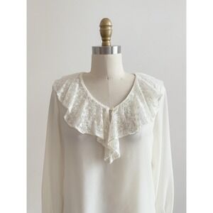 vtg 80s 90s sheer cream embroidered lace collar‎ blouse shirt size S-M